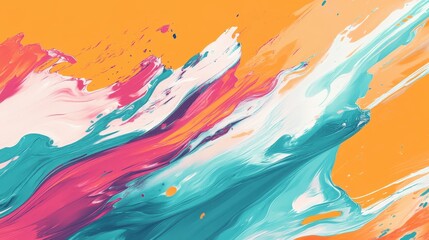 A vibrant abstract painting with dynamic brush strokes in various colors on an orange background.