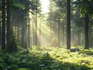 Sunlight Filtering Through Tall Trees in a Lush Forest - 3D Illustration