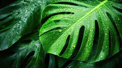 Fototapeta premium Close-up of a green monstera leaf with raindrops, tropical nature background, lush foliage with copy space -