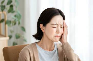 Portrait of an Elderly Woman Experiencing Headache or Stress at Home