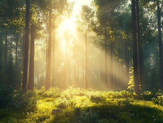 Obraz premium Sunlight Streaming Through a Misty Forest 3D Illustration