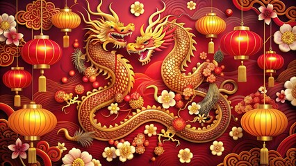 Obraz premium Vibrant red and gold Chinese New Year poster with intricately designed dragons, lanterns, and plum blossoms, symbolizing good fortune and prosperity.