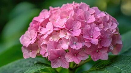 Fototapeta premium Close-up of a pink hydrangea flower in full bloom, delicate petals and vibrant colors, nature background