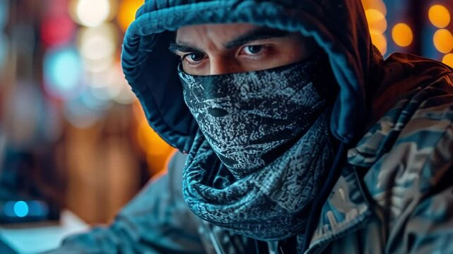 Man wearing a mask connects to the darknet to seek for information, hacks a bank system, and uses a stolen credit card to purchase illicit services via the cloud.