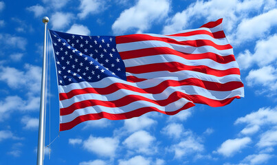 Fototapeta premium American flag. The USA flag blowing in the wind, symbolizing American pride and patriotism. 