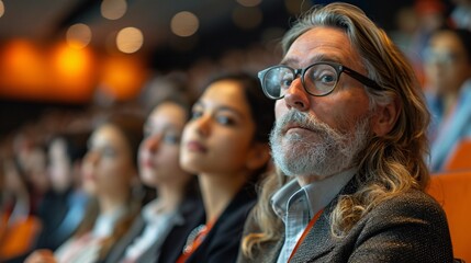 Obraz premium Engaged Audience at Conference Hall Listening to Panel Discussion with Interactive Participants