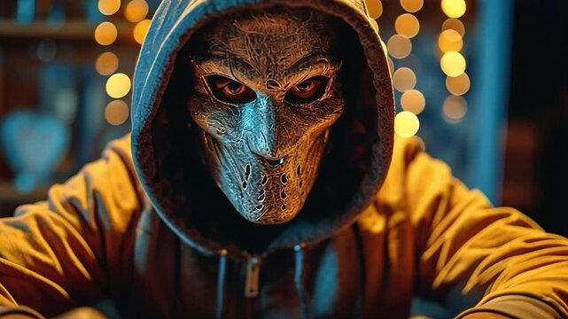 Man wearing a mask connects to the darknet to seek for information, hacks a bank system, and uses a stolen credit card to purchase illicit services via the cloud.