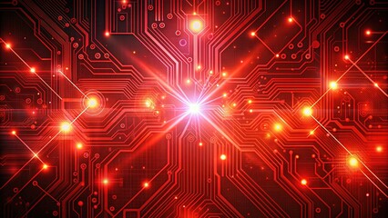 Obraz premium Vibrant red digital background with futuristic circuit board pattern, glowing binary code, and subtle futuristic glow, evoking technology and innovation concept.