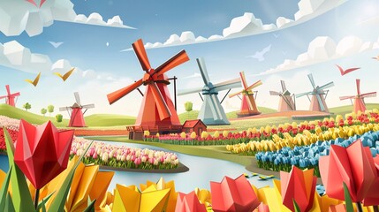 Serene Origami Trophy in Countryside Wonderland with Windmills and Tulip Fields