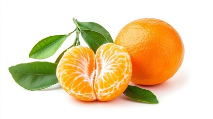 Two whole fresh orange mandarine with green leaves one fruit half peeled, isolated white.