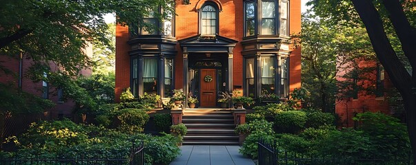 Brick House with Green Bushes and a Wooden Door - Photograph