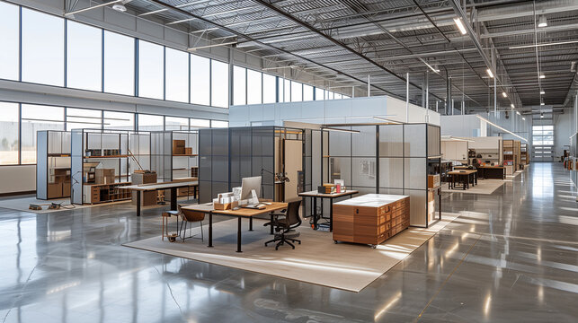a multifunctional warehouse space with modular furniture that can be easily rearranged. Incorporate movable partitions, rolling workstations, and adaptable storage solutions to maximize flexibility 