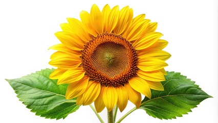 Obraz premium Vibrant yellow sunflower with bright green stem and leaves, isolated on white background, perfect for summer designs, greeting cards, and DIY crafts.