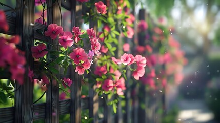 Naklejka premium A vibrant display of pink flowers climbing a wooden trellis in a serene garden setting.