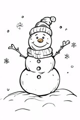 Clean line art of a snowman making a snow angel perfect for a coloring book page