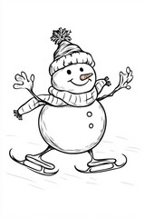 Clean line art of a snowman ice skating perfect for a coloring book page