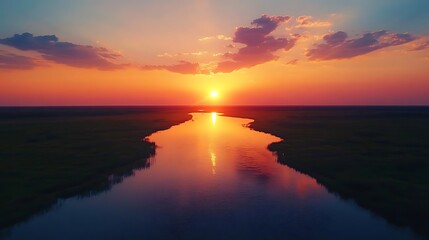 Naklejka premium Aerial View of a River at Sunset with a Bright Orange Sky