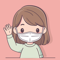 Cartoon girl with brown hair wearing a mask and waving on a pink background.