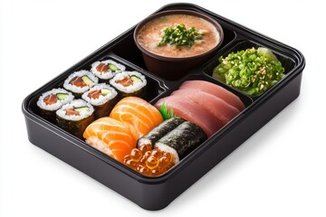 bento box featuring sushi, sashimi, and miso soup