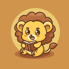 Cute cartoon lion reading a book with a happy expression on a brown background.