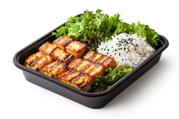 bento box featuring grilled tofu, rice, and a fresh salad