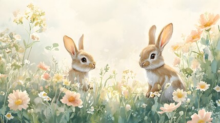 Obraz premium A pastel-toned watercolor scene of rabbits in a lush meadow, designed for a child's room, blending charm and vibrant colors in a soothing composition