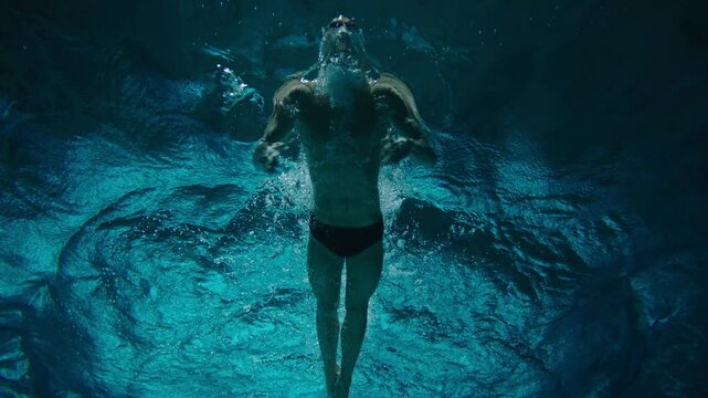Directly below a man swimmer in the pool