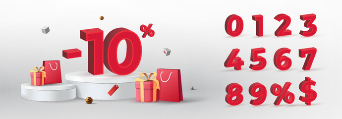 3D Red Discount numbers on podium with shopping bag and gift box vector. Price off tag design collection. 0, 1, 2, 3, 4, 5, 6, 7, 8, 9, percent and dollar illustration