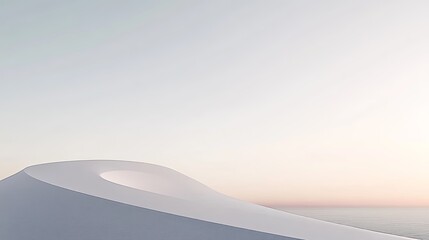 A minimalist image of a white dome-shaped structure, the smooth curves of the dome juxtaposed against the sharp horizon line and clear sky, more clarity with clear light and sharp focus, high detailed
