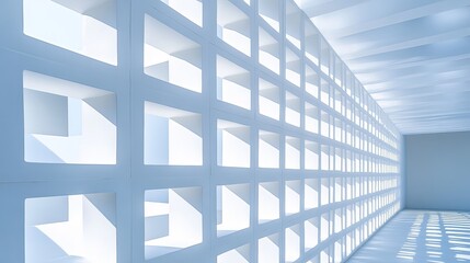 Fototapeta premium A photograph of a white architectural structure with a repeating pattern of square openings, the bright sunlight creates stark contrasts between the lit and shaded areas, more clarity with clear