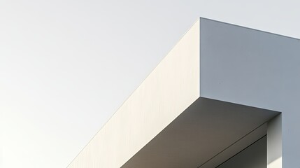 Fototapeta premium A close-up shot of a white, minimalist building corner with a sharp 90-degree angle, the shadows accentuating the starkness of the design against a clear sky, more clarity with clear light and sharp
