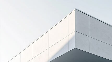 Fototapeta premium A close-up shot of a white, minimalist building corner with a sharp 90-degree angle, the shadows accentuating the starkness of the design against a clear sky, more clarity with clear light and sharp