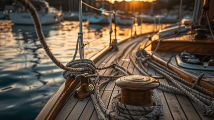 Serene sunset over classic wooden sailboat at dock, highlighting adventure and timeless appeal