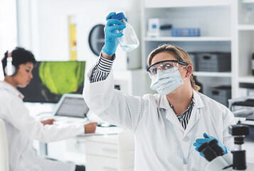 Woman, scientist and check liquid in lab for microscope exam, chemical experiment and assessment...