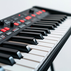 A black and white keyboard with red and white buttons