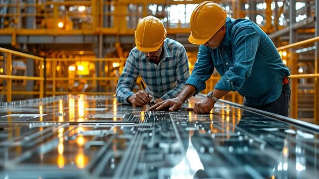 Professional engineer and construction foreman wearing a hard hat and helmet for safety talks about working as a team in the business of architects