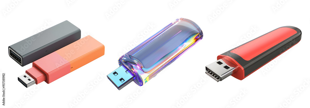 Wall mural usb flash drives set isolated on transparent background with different designs and colors.