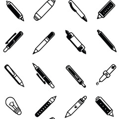 Seamless pattern featuring various writing tools drawn in a minimalist black and white design.