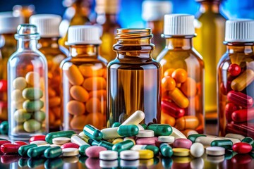 A collection of various colored pills and bottles, including some green