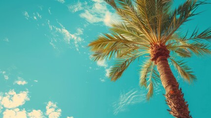 Obraz premium Palm Tree Trunk and Fronds Against a Blue Sky with White Clouds