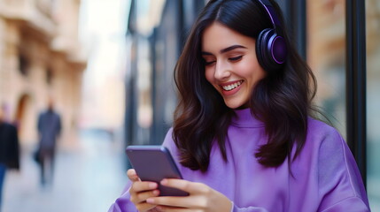 Young Woman Smiling Listening Music Purple Headphones Using Smartphone Outdoor