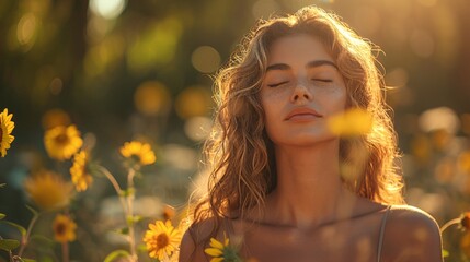 Fototapeta premium Serene Young Woman with Long Hair Enjoying Sunlight for Mindfulness and Well-Being