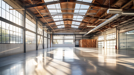 warehouse's natural light Enhanced by incorporating large skylights and expansive windows.  glass partitions and reflective surfaces to distribute light throughout the space, creating a bright 