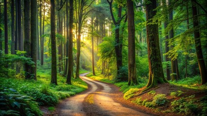 Obraz premium Winding dirt trails intersect in a lush forest, surrounded by towering trees and vibrant foliage, creating a serene and inviting atmosphere in nature.