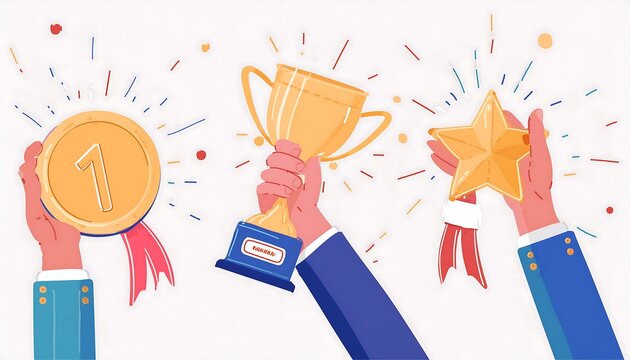 Employee of the Month Award Winner Holding a Trophy Badge and Gold Medal, Celebrating High Performance, Leadership, and Achievement in Business Success and Victory Recognition