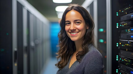 Professional Woman Smiling Data Center Server Room Technology Environment