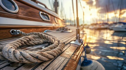 Obraz premium Classic wooden sailboat moored at dock under setting sun a nostalgic sailing adventure