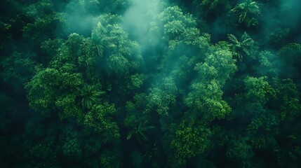 Naklejka premium Aerial View of Lush Green Forest with Mist Photo