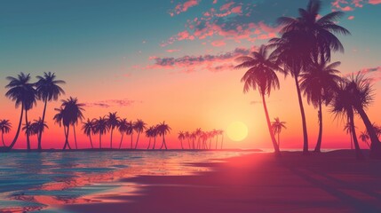 Silhouetted Palm Trees on a Tropical Beach at Sunset