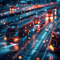 A vibrant digital representation of a smart city at night, with glowing skyscrapers and moving vehicles depicted through a blend of bright blue and red lights. This futuristic cityscape highlights the